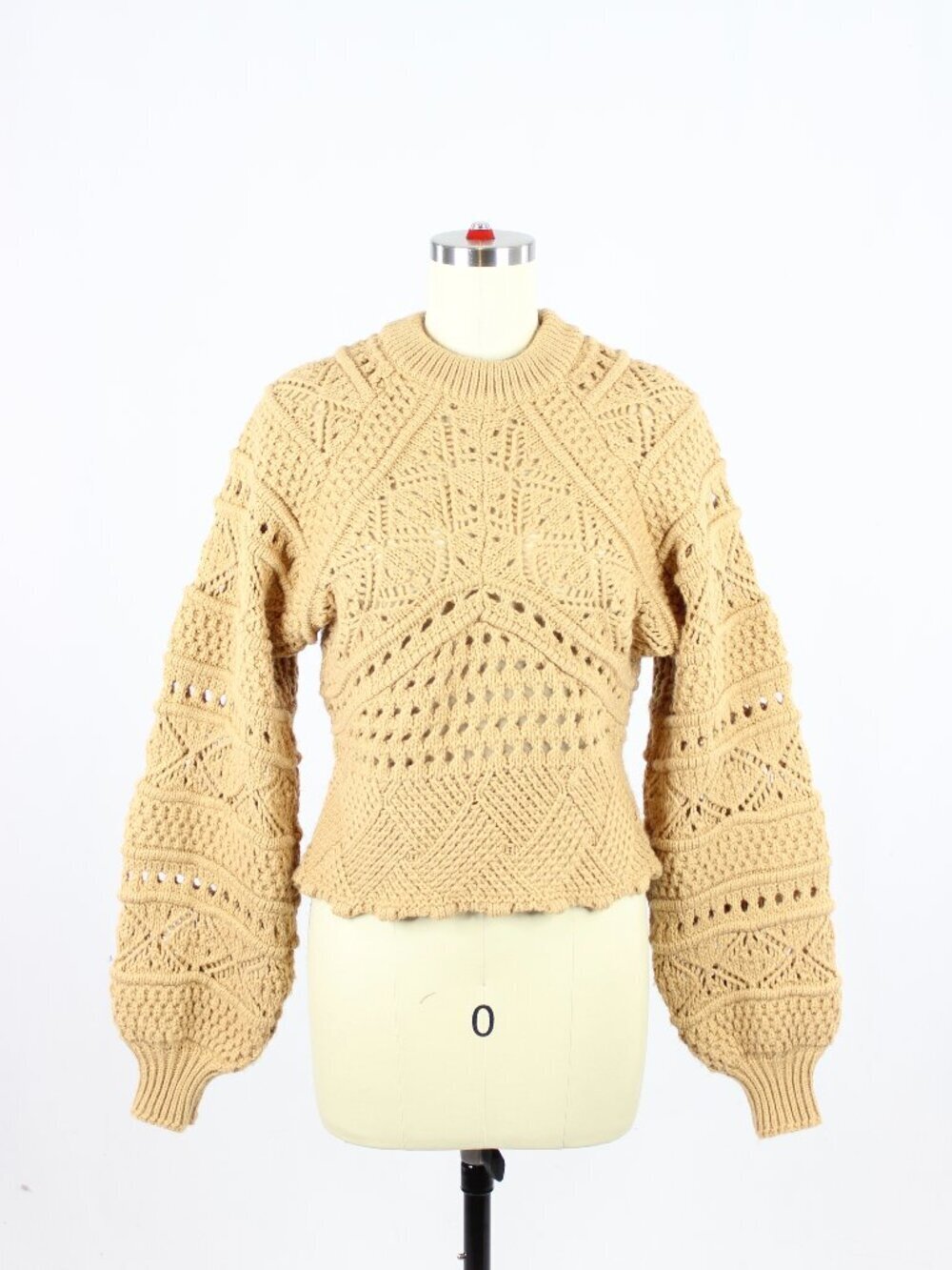 ZARA Tan Acrylic Wool Crochet Pointelle Knit Puff Sleeve Sweater, Size M